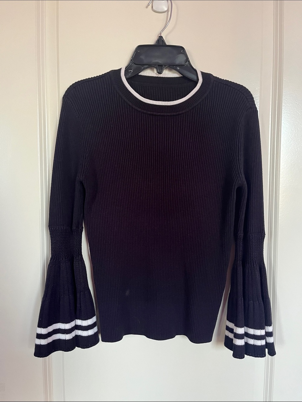 Dark Navy Ribbed Knit Sweater with Striped Bell Cuffs